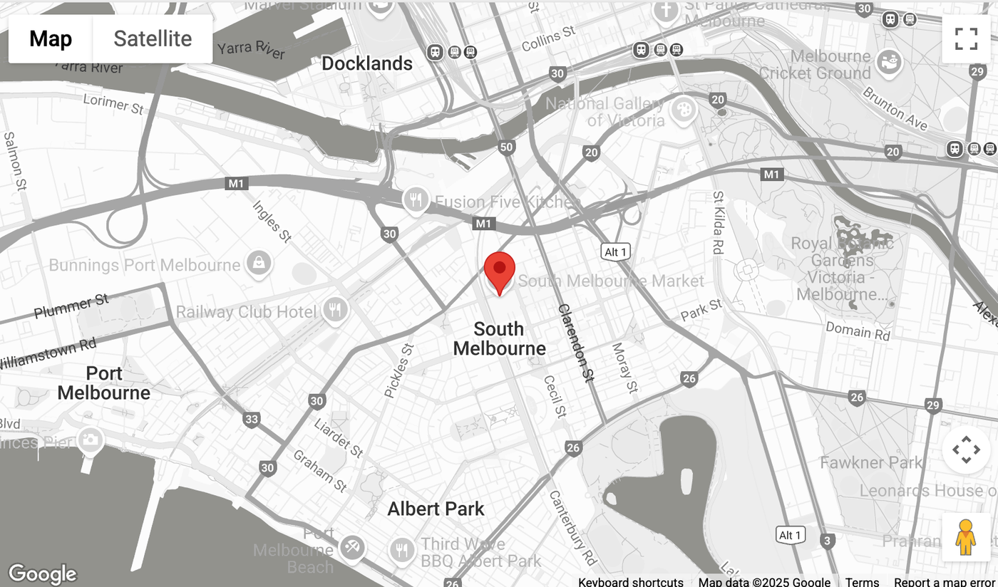 Map showing the Tea Drop Brew Bar at South Melbourne Market