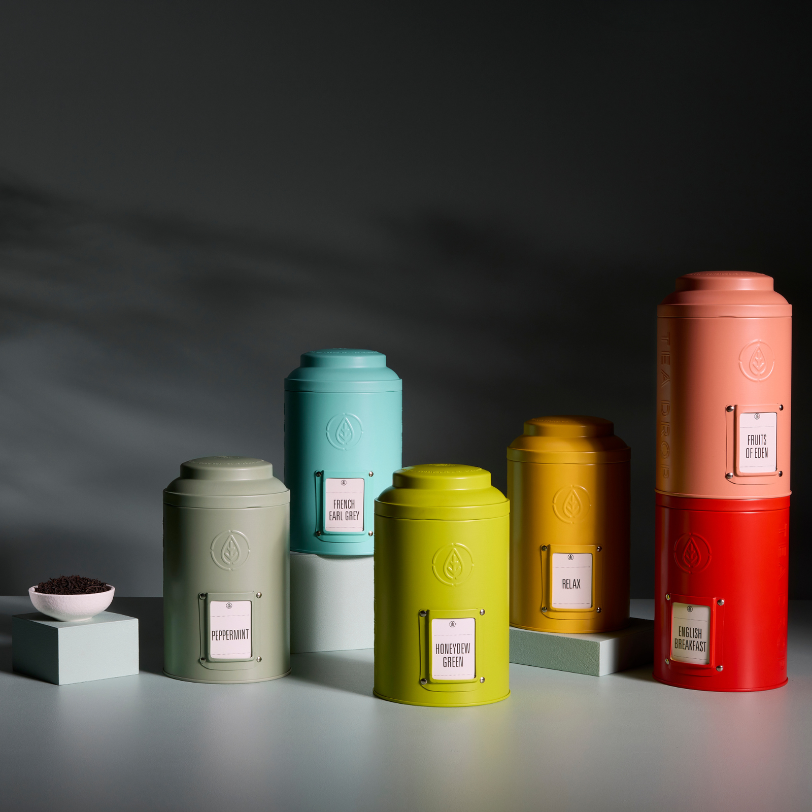 Tea Drop signature tin collection in a range of colours
